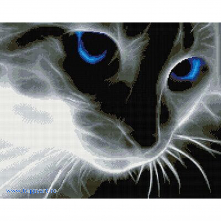 Goblenuri cu diamante - Kit goblen cu diamante Pisica gri cu ochi albastri, cu sasiu, 40X50 cm, 15 culori