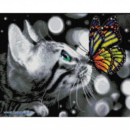 Goblenuri cu diamante - Kit goblen cu diamante Pisica si fluturele, cu sasiu, 40X50 cm, 17 culori