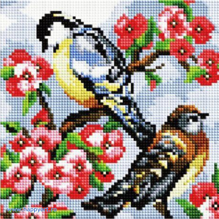 Goblenuri cu diamante - Kit goblen cu diamante Pitigoi cantareti, cu sasiu, 20X20 cm, 20 culori