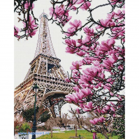 Goblenuri cu diamante - Kit goblen cu diamante Turnul Eiffel printre flori, cu sasiu, 40X50 cm, 31 culori