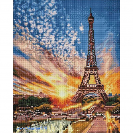 Goblenuri cu diamante - Kit goblen cu diamante Apus peste Paris, cu sasiu, 40X50 cm, 35 culori