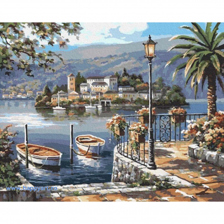 Picturi pe numere peisaje - Kit pictura pe numere Barci pe dig, cu sasiu, 40X50 cm, 29 culori