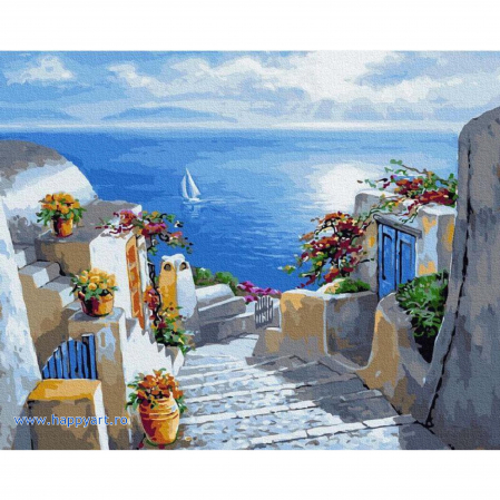 Picturi pe numere peisaje - Kit pictura pe numere Santorini, cu sasiu, 40X50 cm, 29 culori, PC4050225