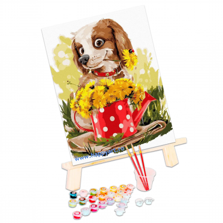 Kit pictura pe numere Catelusul si papadia, cu sasiu, 30x40 cm, 24 culori [2]
