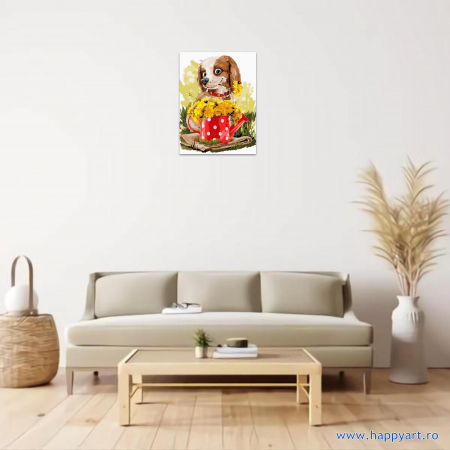 Kit pictura pe numere Catelusul si papadia, cu sasiu, 30x40 cm, 24 culori [1]