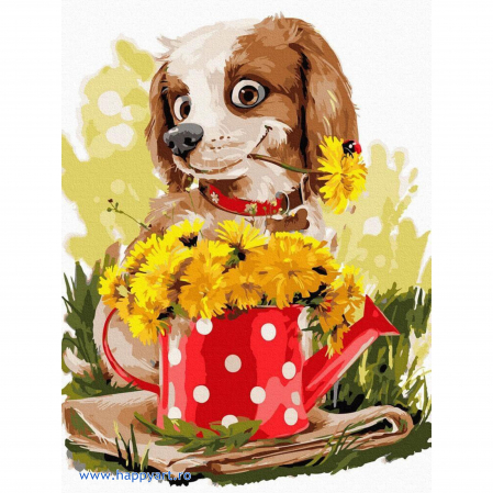 Picturi pe numere animale - Kit pictura pe numere Catelusul si papadia, cu sasiu, 30x40 cm, 24 culori