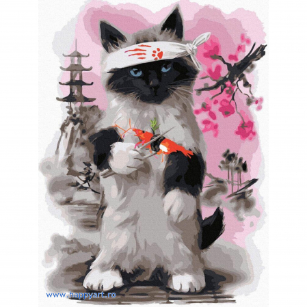 Picturi pe numere animale - Kit pictura pe numere Pisica japoneza, cu sasiu, 30x40 cm, 24 culori