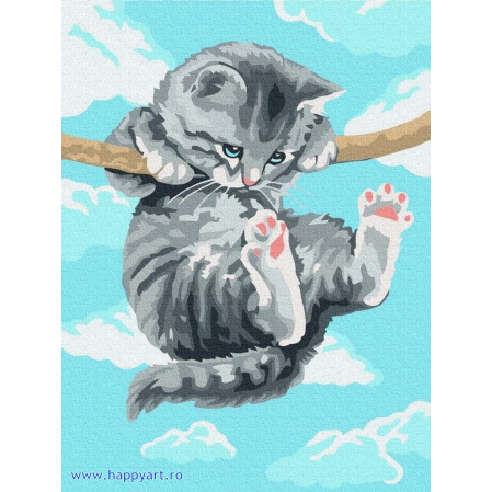 Picturi pe numere animale - Kit pictura pe numere Pisicuta acrobata, cu sasiu, 30x40 cm, 14 culori