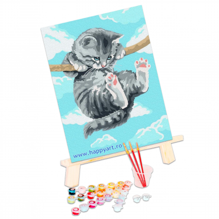 Kit pictura pe numere Pisicuta acrobata, cu sasiu, 30x40 cm, 14 culori [2]