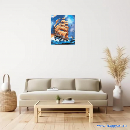 Kit pictura pe numere Corabia si pescarusii, cu sasiu, 40X50 cm, 26 culori [1]
