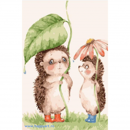 Picturi pe numere animale - Kit pictura pe numere, cu sasiu, Arici in ploaie, 20X30 cm, 19 culori, nivel mediu, MC1077