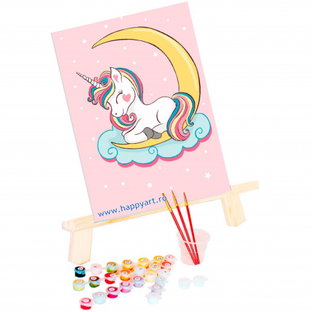 Kit pictura pe numere, cu sasiu, Unicorn visator, 20X30 cm, 13 culori, nivel incepator, MC1098 [1]