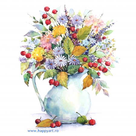 Picturi pe numere flori - Kit pictura pe numere, cu sasiu, Buchet cu papadie si fructe de padure, 40X50 cm, 24 culori, nivel avansat, MG2059