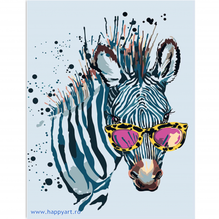 Picturi pe numere animale - Kit pictura pe numere, cu sasiu, Zebra cu ochelari, 30X40 cm, 21 culori, nivel avansat, ME1114