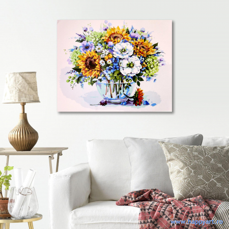 Kit pictura pe numere, cu sasiu, Buchet de vara cu floarea soarelui, 40X50 cm, 30 culori, nivel avansat, MG2182 [2]