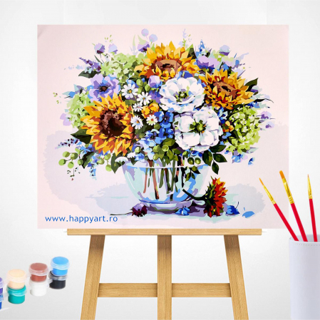 Kit pictura pe numere, cu sasiu, Buchet de vara cu floarea soarelui, 40X50 cm, 30 culori, nivel avansat, MG2182 [1]