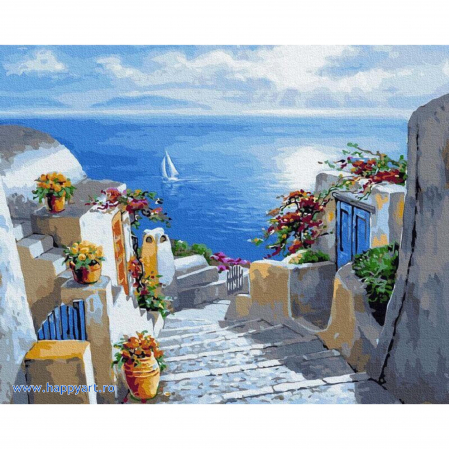 Picturi pe numere peisaje - Kit pictura pe numere Vara in Santorini, cu sasiu, 50x65 cm, 29 culori