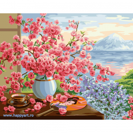 Kit pictura pe numere, cu sasiu, Flori de cires in buchet, 40X50 cm, 24 culori, nivel mediu, B072 [0]