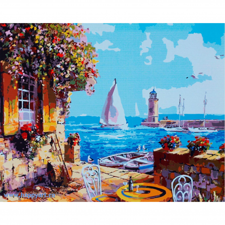 Picturi pe numere peisaje - Kit pictura pe numere, cu sasiu, Veranda la debarcader, 40X50 cm, 24 culori, nivel avansat, MG3109