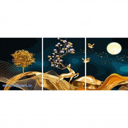 Picturi pe numere peisaje - Kit pictura pe numere Noapte aurie, triptic, cu sasiu, 50X120 cm, 33 culori
