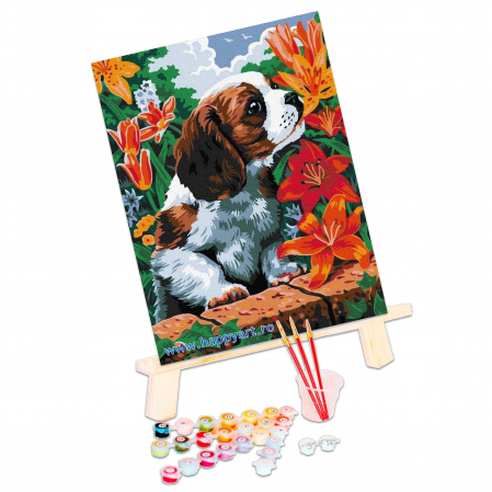 Kit pictura pe numere Catelus in flori, cu sasiu, 30x40 cm, 18 culori [2]