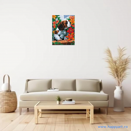 Kit pictura pe numere Catelus in flori, cu sasiu, 30x40 cm, 18 culori [1]