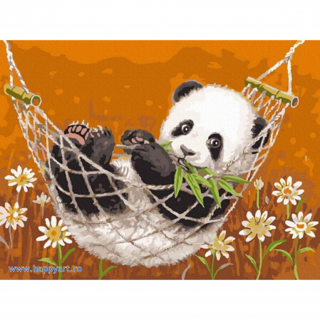 Picturi pe numere animale - Kit pictura pe numere Panda in hamac, cu sasiu, 30x40 cm, 20 culori