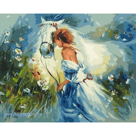 Picturi pe numere peisaje - Kit pictura pe numere Frumoasa si calul de Willem Haenraets, cu sasiu, 40X50 cm, 24 culori