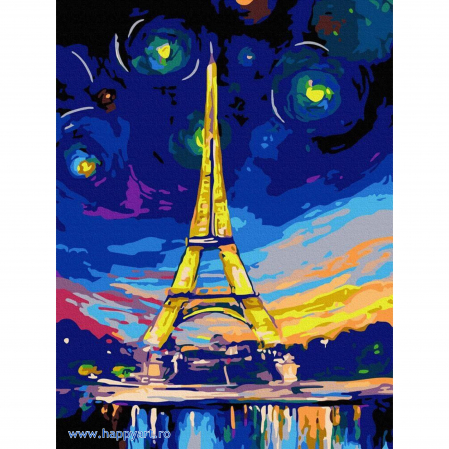 Picturi pe numere peisaje - Kit pictura pe numere Turnul Eiffel altfel, cu sasiu, 30x40 cm, 21 culori