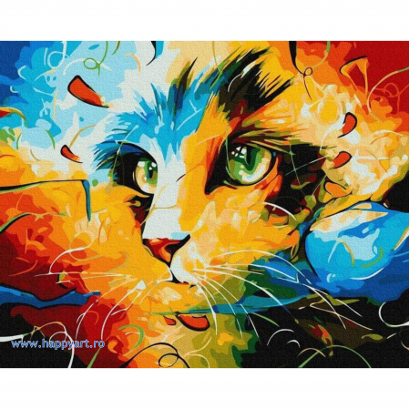 Picturi pe numere animale - Kit pictura pe numere Chip de pisica, cu sasiu, 40X50 cm, 24 culori