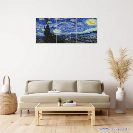 Kit pictura pe numere Noapte instelata de Van Gogh, triptic, cu sasiu, 50X120 cm, 36 culori [1]