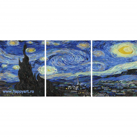 Picturi pe numere peisaje - Kit pictura pe numere Noapte instelata de Van Gogh, triptic, cu sasiu, 50X120 cm, 36 culori