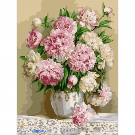 Picturi pe numere flori - Kit pictura pe numere Parfum de bujori, cu sasiu, 30x40 cm, 21 culori