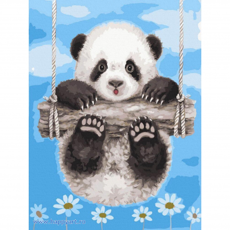 Picturi pe numere animale - Kit pictura pe numere Panda pe buturuga, cu sasiu, 30x40 cm, 22 culori