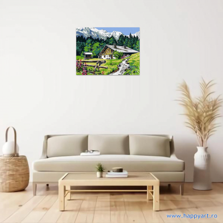 Kit pictura pe numere Cabana din munti, cu sasiu, 30x40 cm, 16 culori [1]