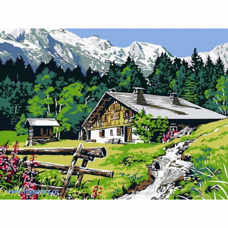 Picturi pe numere peisaje - Kit pictura pe numere Cabana din munti, cu sasiu, 30x40 cm, 16 culori