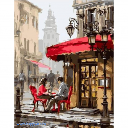 Picturi pe numere peisaje - Kit pictura pe numere La cafenea, cu sasiu, 30x40 cm, 22 culori