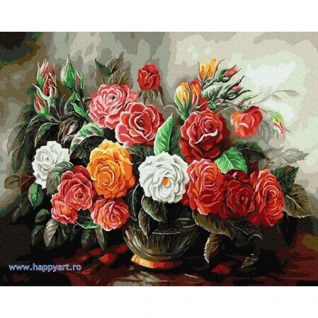Picturi pe numere flori - Kit pictura pe numere Trandafiri magnifici, cu sasiu, 40X50 cm, 26 culori