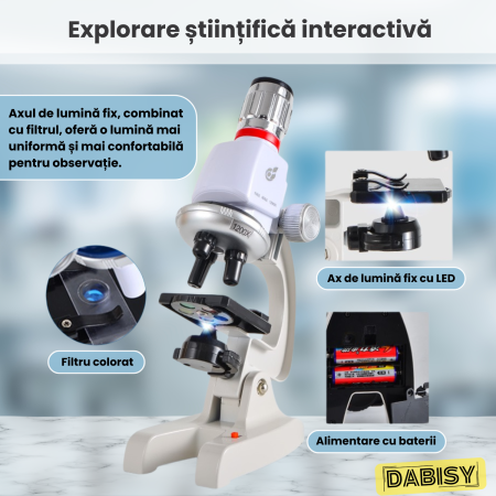 Microscop copii, DABISY, amplificare imagine 100x/400x/1200x, iluminare led ajustabila, kit educational, suport inclinat, accesorii incluse, suport telefon, geanta suport, unisex, alb [3]