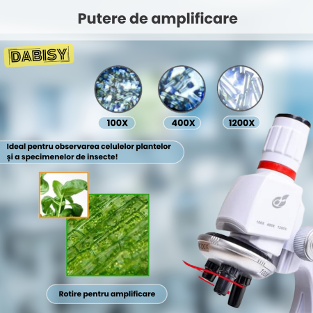 Microscop copii, DABISY, amplificare imagine 100x/400x/1200x, iluminare led ajustabila, kit educational, suport inclinat, accesorii incluse, suport telefon, geanta suport, unisex, alb [5]