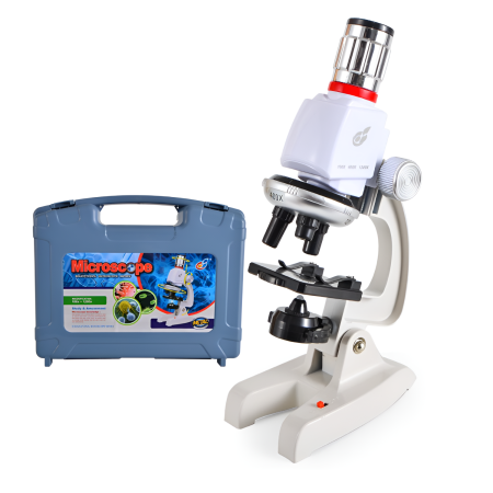 MICROSCOP - Microscop copii, DABISY, amplificare imagine 100x/400x/1200x, iluminare led ajustabila, kit educational, suport inclinat, accesorii incluse, suport telefon, geanta suport, unisex, alb