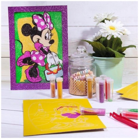 Daisy Duck & Minnie Mouse, Set creativ pictura cu nisip colorat, Disney, 2 planse 16,5 x 23,5 cm, 15 tuburi nisip multicolor, 1 penseta, 2 folii protectie, + 3 ani [9]