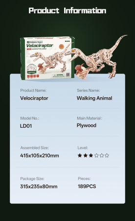 Puzzle 3D, mecanic, Velociraptor, lemn, 189 piese [7]