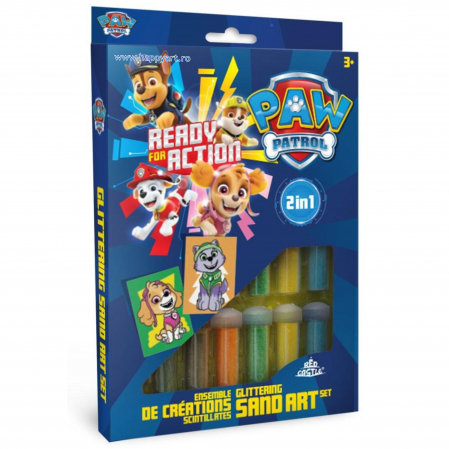 Pictura cu nisip colorat - Paw Patrol - SKYE & EVEREST, Set creativ pictura cu nisip colorat, 2 planse 16,5 x 23,5 cm, 15 tuburi nisip multicolor, 1 penseta, 2 folii, + 3 ani