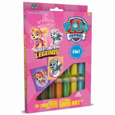 Pictura cu nisip colorat - Paw Patrol - SKYE & EVEREST, Set creativ pictura cu nisip colorat, 2 planse 16,5 x 23,5 cm, 15 tuburi nisip multicolor, 1 penseta, 2 folii, + 3 ani, cutie roz