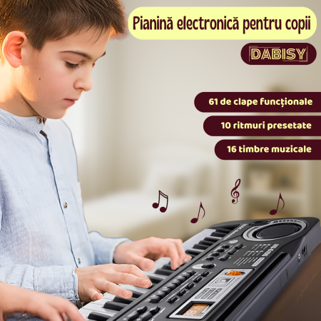 Pianina electronica pentru copii, Dabisy, 61 taste, monofonic, functie de inregistrare, 6 melodii demo, 16 timbre, microfon inclus, negru [1]