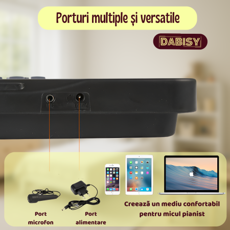 Pianina electronica pentru copii, Dabisy, 61 taste, monofonic, functie de inregistrare, 6 melodii demo, 16 timbre, microfon inclus, negru [4]