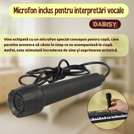 Pianina electronica pentru copii, Dabisy, 61 taste, monofonic, functie de inregistrare, 6 melodii demo, 16 timbre, microfon inclus, negru [2]