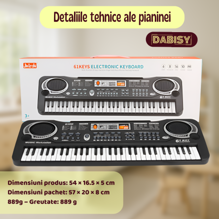 Pianina electronica pentru copii, Dabisy, 61 taste, monofonic, functie de inregistrare, 6 melodii demo, 16 timbre, microfon inclus, negru [6]