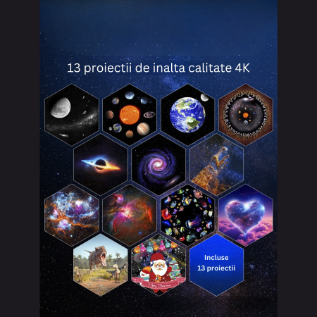 Proiector stelar Galaxy, 13 discuri in set, rotativ la 360 de grade, rezolutie 4 K, lampa de veghe, galaxii, luna, sistem solor, pamant si luna, negru [6]